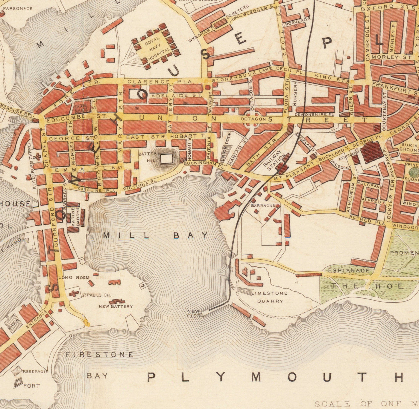 Viejo mapa a mano de Plymouth en 1851 por Tallis, Rapkin - Stonehouse, Devonport