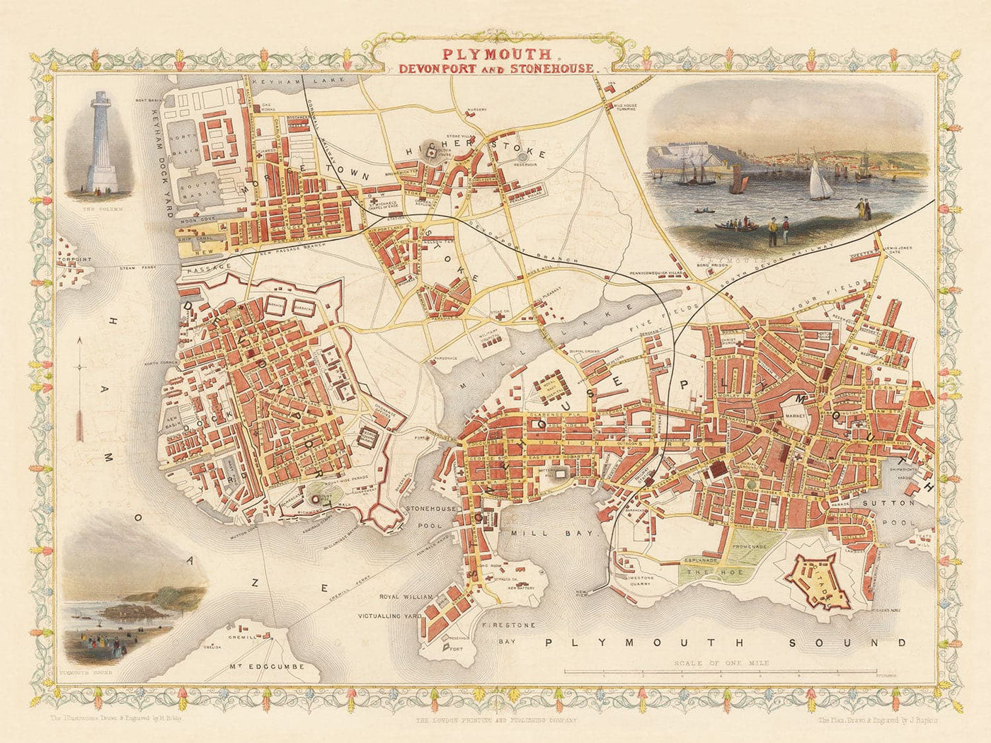 Vieille carte de Plymouth en 1851 par Tallis, Rapkin - Stonehouse, Devonport