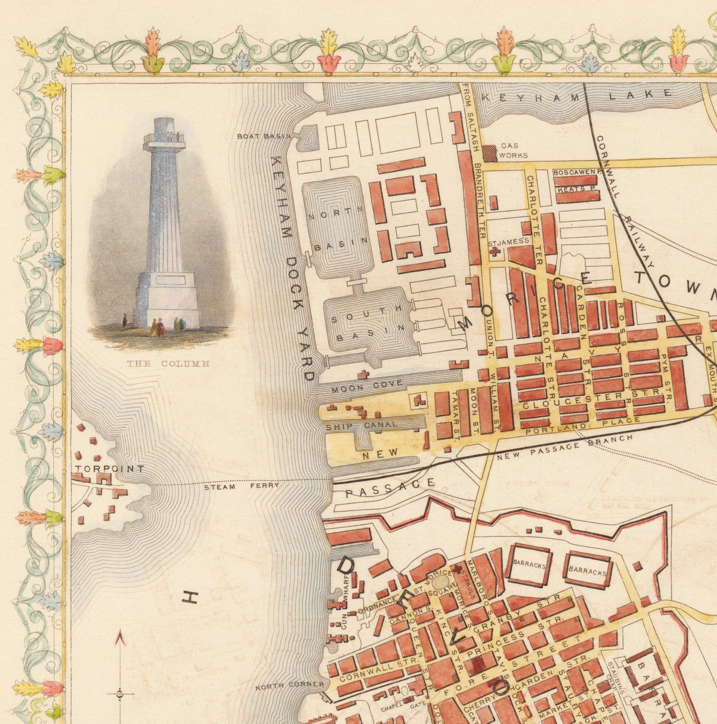 Alte handgefärterte Karte von Plymouth 1851 von Tallis, Rapkin - Stonehouse, Devonport