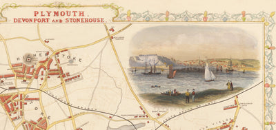 Vieille carte de Plymouth en 1851 par Tallis, Rapkin - Stonehouse, Devonport