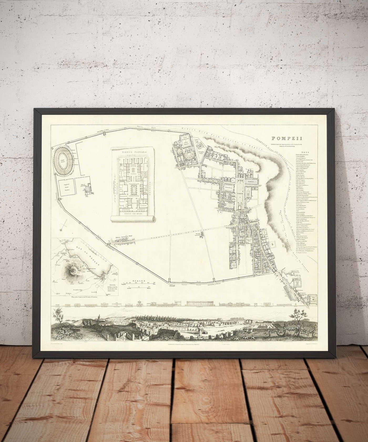 Mapa antiguo de Pompeya en 1832 por SDUK - Monte Vesubio, Casa de Pansa, Foro, Teatro Grande, Casa de los Vettii, Casa del Fauno