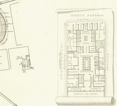 Mapa antiguo de Pompeya en 1832 por SDUK - Monte Vesubio, Casa de Pansa, Foro, Teatro Grande, Casa de los Vettii, Casa del Fauno