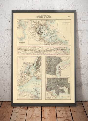 Antiguo mapa de los puertos del norte de EE.UU., 1872 por Fullarton - Río Hudson, Boston, Filadelfia, Nueva York, Portland