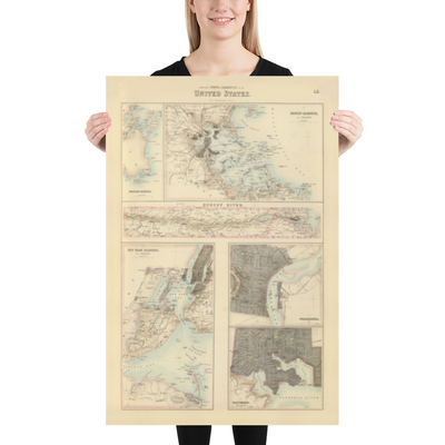 Antiguo mapa de los puertos del norte de EE.UU., 1872 por Fullarton - Río Hudson, Boston, Filadelfia, Nueva York, Portland