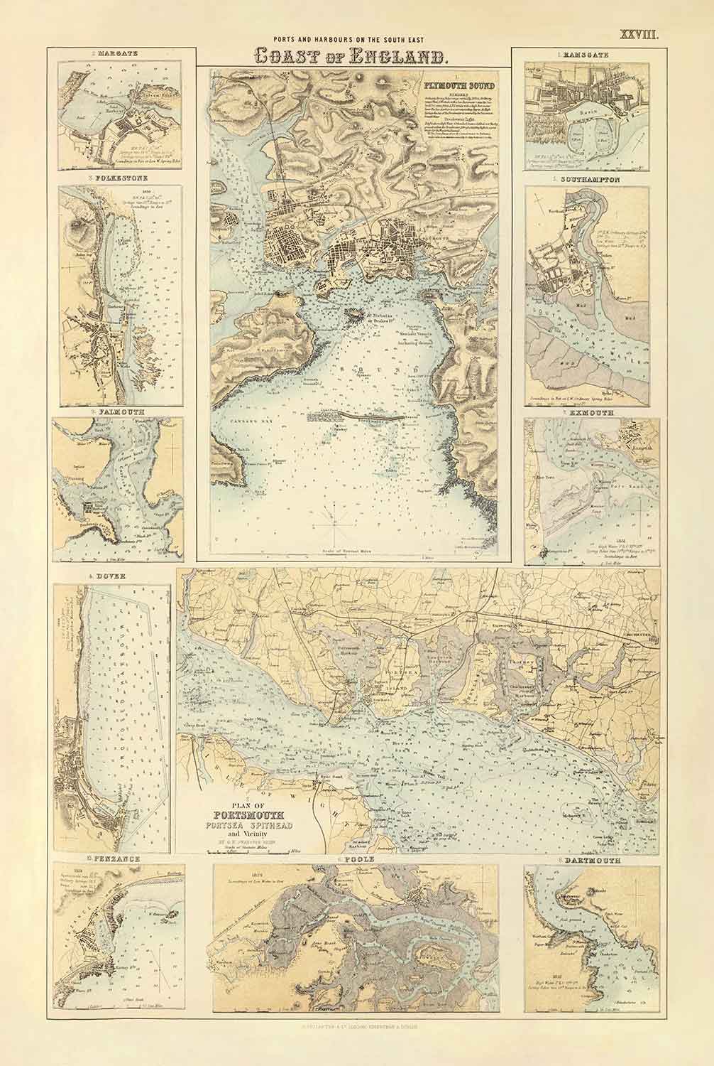 Old Map of the Ports & Harbours in South East of England, 1872 by Fullarton - Margate, Dover, Falmouth, Folkestone, Portsmouth