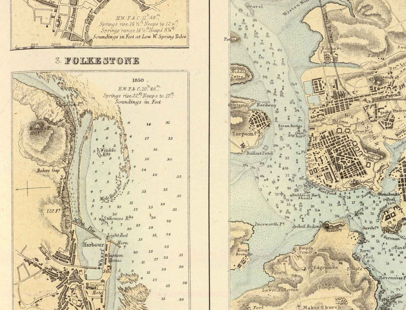 Ancienne carte des ports du sud-est de l'Angleterre, 1872 par Fullarton - Margate, Dover, Falmouth, Folkestone, Portsmouth