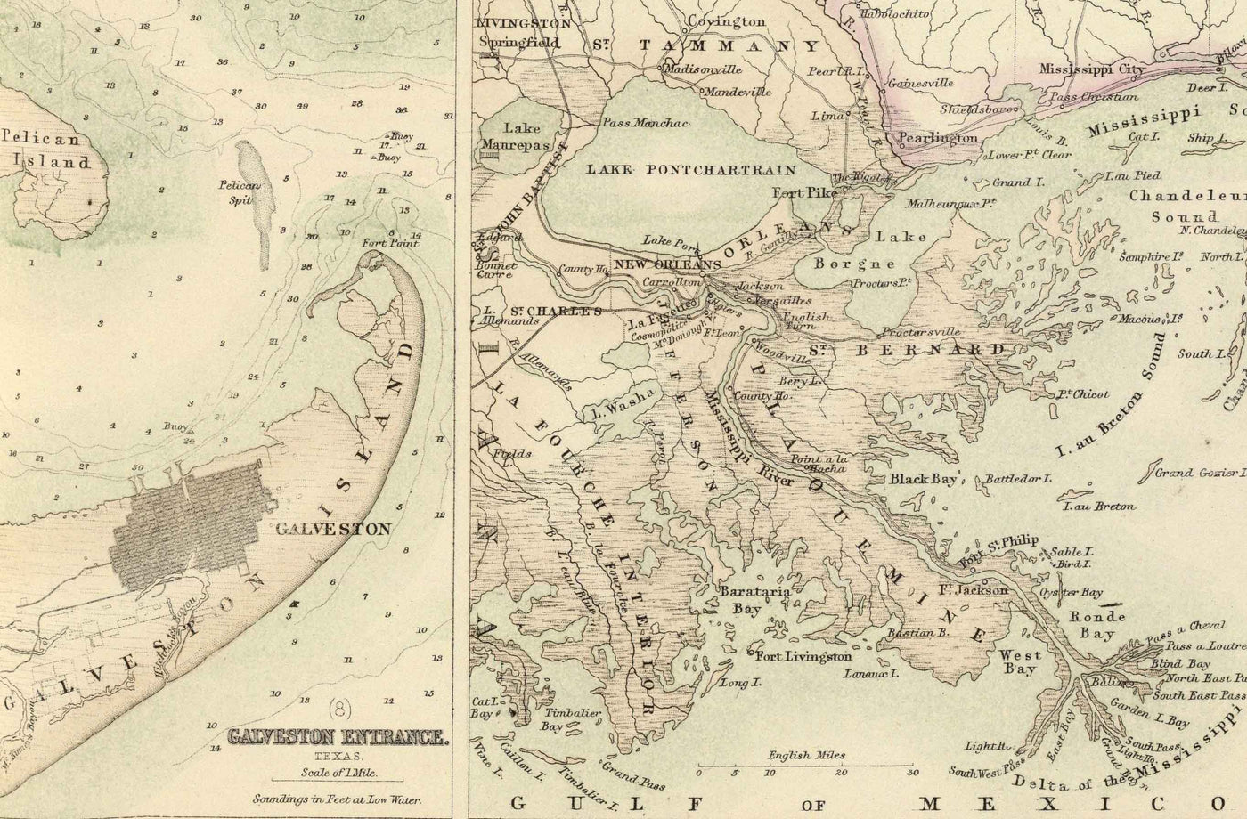 Antiguo mapa de los puertos del sur de EE.UU., 1872 por Fullarton - Pensacola, Nueva Orleans, Galveston, Key West, Charleston