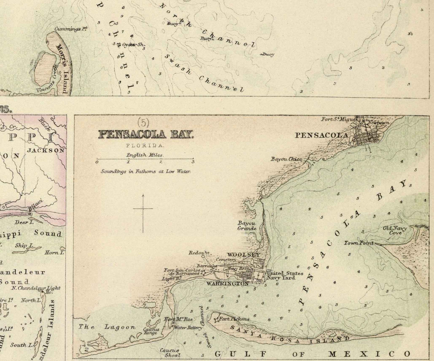 Alte Karte der Häfen im Süden der USA, 1872 von Fullarton - Pensacola, New Orleans, Galveston, Key West, Charleston