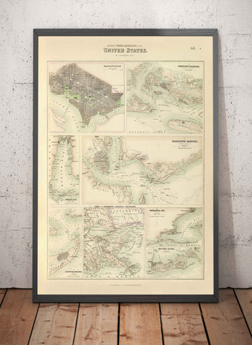 Alte Karte der Häfen und Hafenanlagen im Süden der USA, 1872 von Fullarton - Pensacola, New Orleans, Galveston, Key West, Charleston 