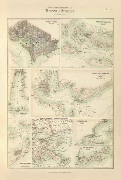 Ancienne carte des ports du sud des États-Unis, 1872 par Fullarton - Pensacola, New Orleans, Galveston, Key West, Charleston