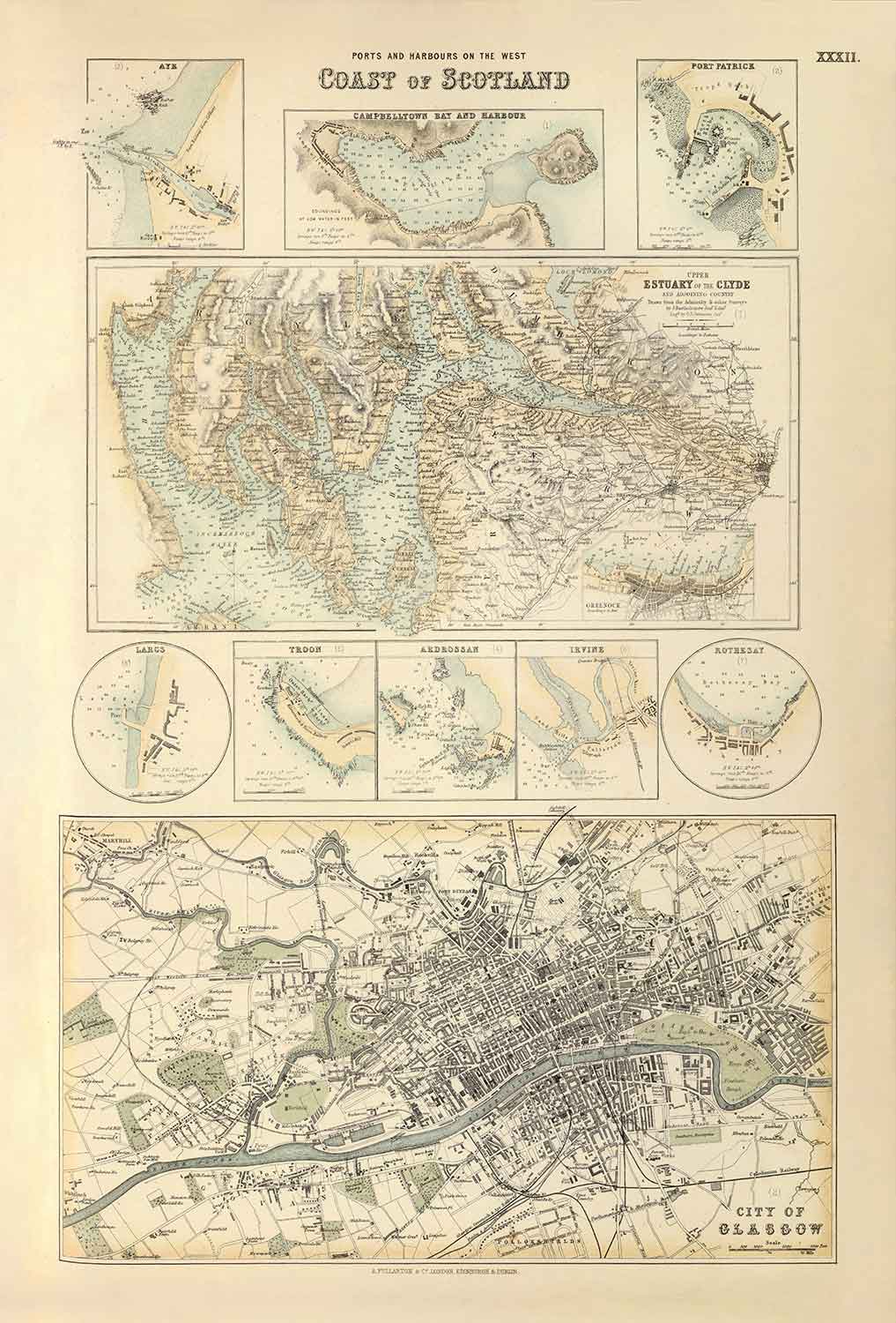 Alte Karte der Häfen an der Westküste Schottlands, 1872 von Fullarton - Glasgow, Largs, Portpatrick, Irvine, Ayr