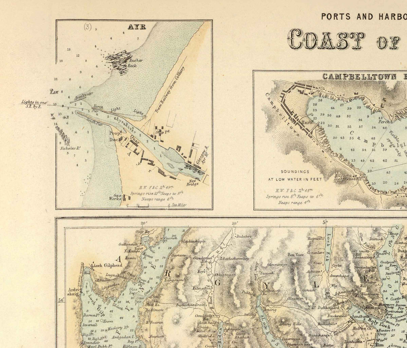 Carte ancienne des ports de la côte ouest de l'Écosse, 1872 par Fullarton - Glasgow, Largs, Portpatrick, Irvine, Ayr