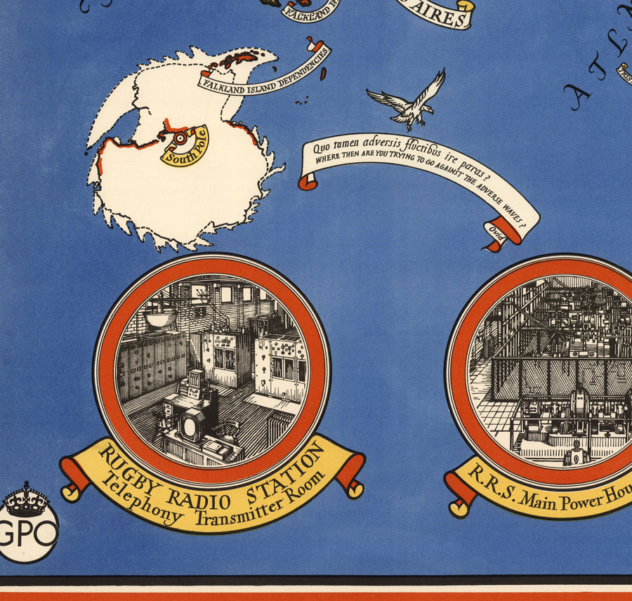 Postamt Radio Telefon Weltkarte, 1935 von Max Gill - Wandkarte des Britischen Empire Funknetzwerks 