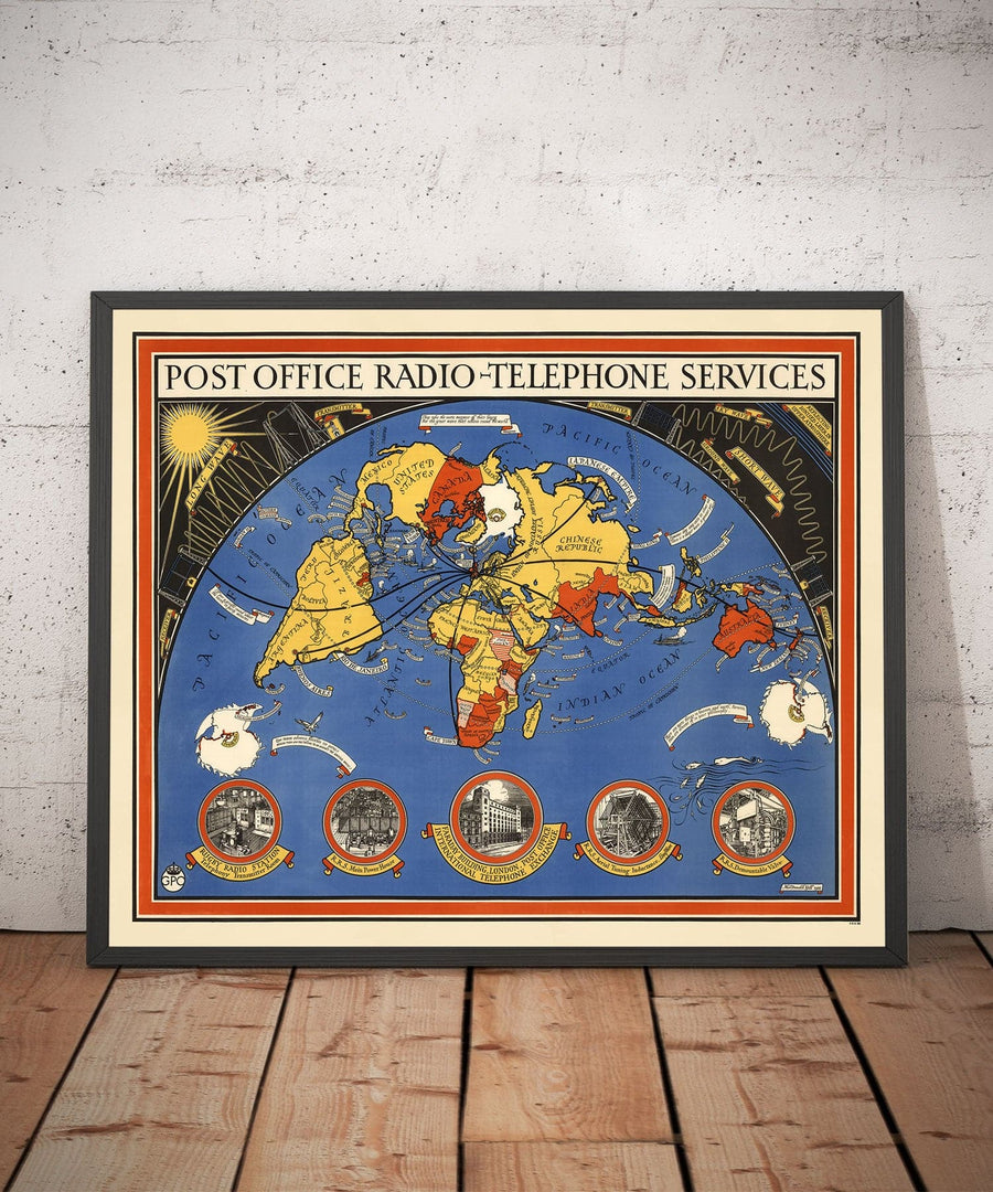 Postamt Radio Telefon Weltkarte, 1935 von Max Gill - Wandkarte des Britischen Empire Funknetzwerks 