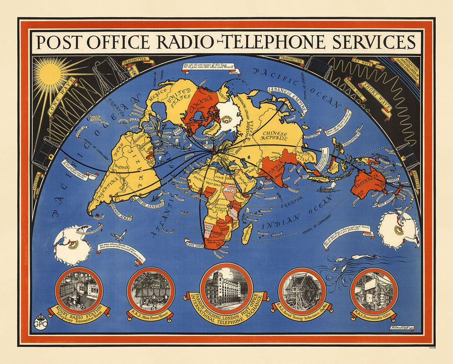 Postamt Radio Telefon Weltkarte, 1935 von Max Gill - Wandkarte des Britischen Empire Funknetzwerks 