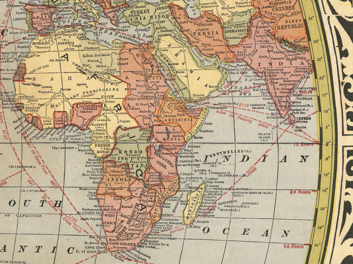 Antiguo mapa de la Tierra Plana con líderes mundiales, 1921 - Vías de navegación, Stalin, Mussolini, el rey Jorge, Hoover