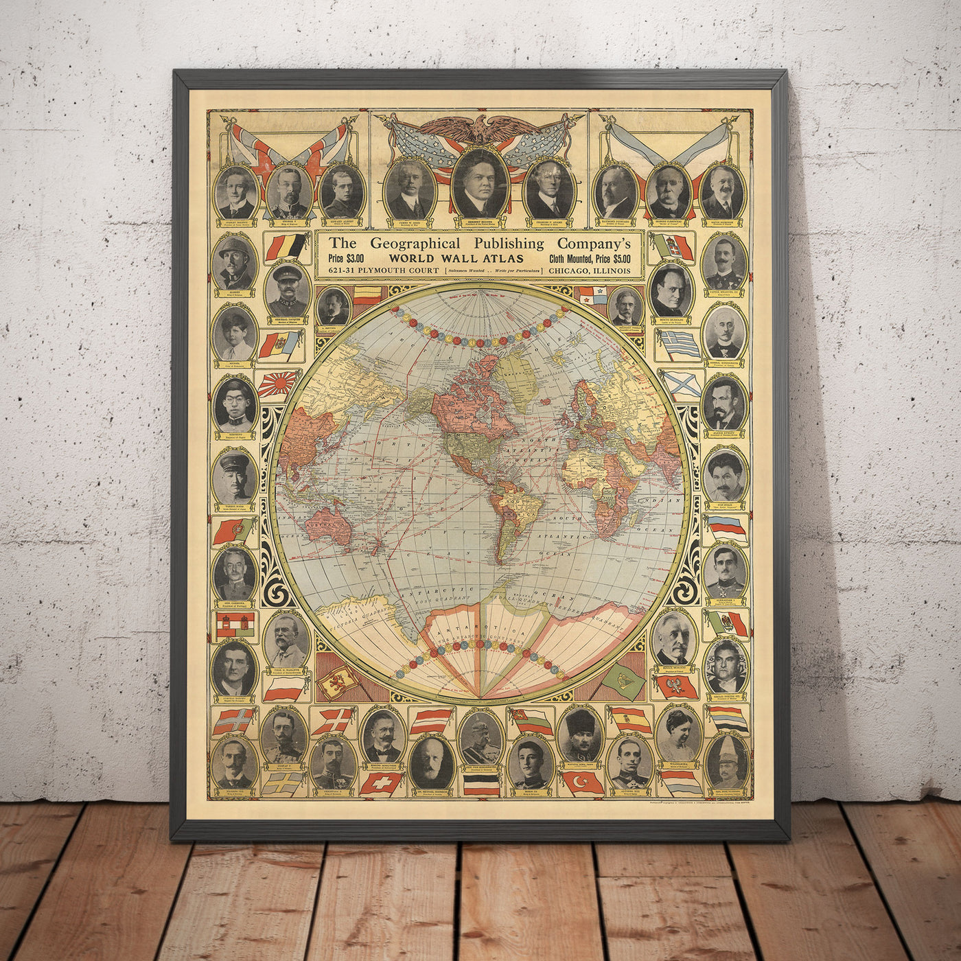 Ancienne carte de la Terre plate avec les dirigeants du monde, 1921 - voies de navigation, Staline, Mussolini, le roi George, Hoover
