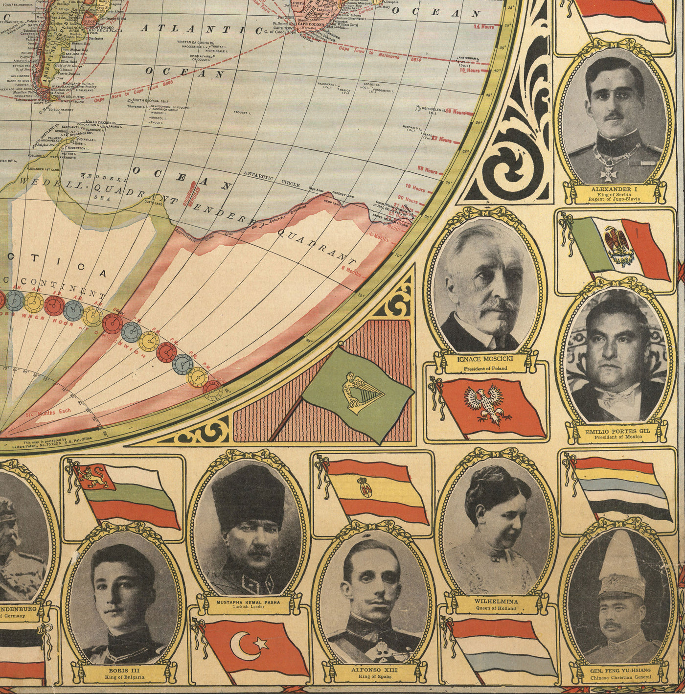 Alte flache Erdkarte mit Weltführern, 1921 - Schifffahrtswege, Stalin, Mussolini, König George, Hoover