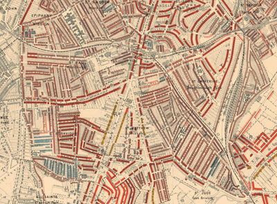 Mapa de la pobreza en Londres 1898-9, fuera del distrito sur, por Charles Booth - Oval, Brixton, Herne Hill, Lambeth - SW8, SW9, SW2, SE5, SE24, SE22, SE15