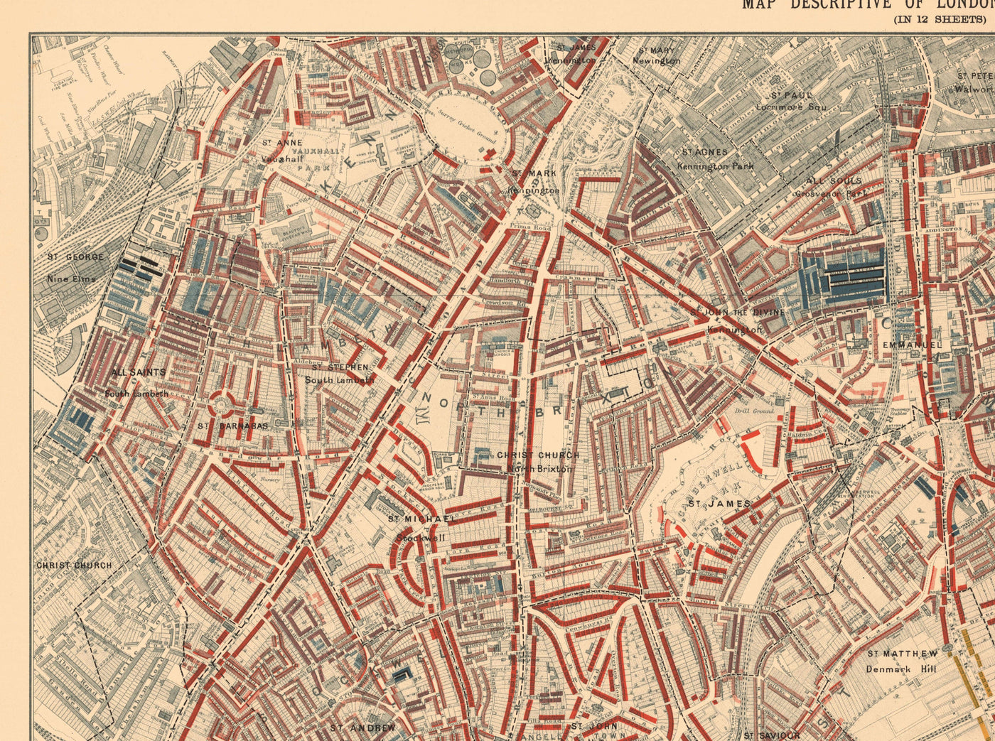Mapa de la pobreza en Londres 1898-9, fuera del distrito sur, por Charles Booth - Oval, Brixton, Herne Hill, Lambeth - SW8, SW9, SW2, SE5, SE24, SE22, SE15