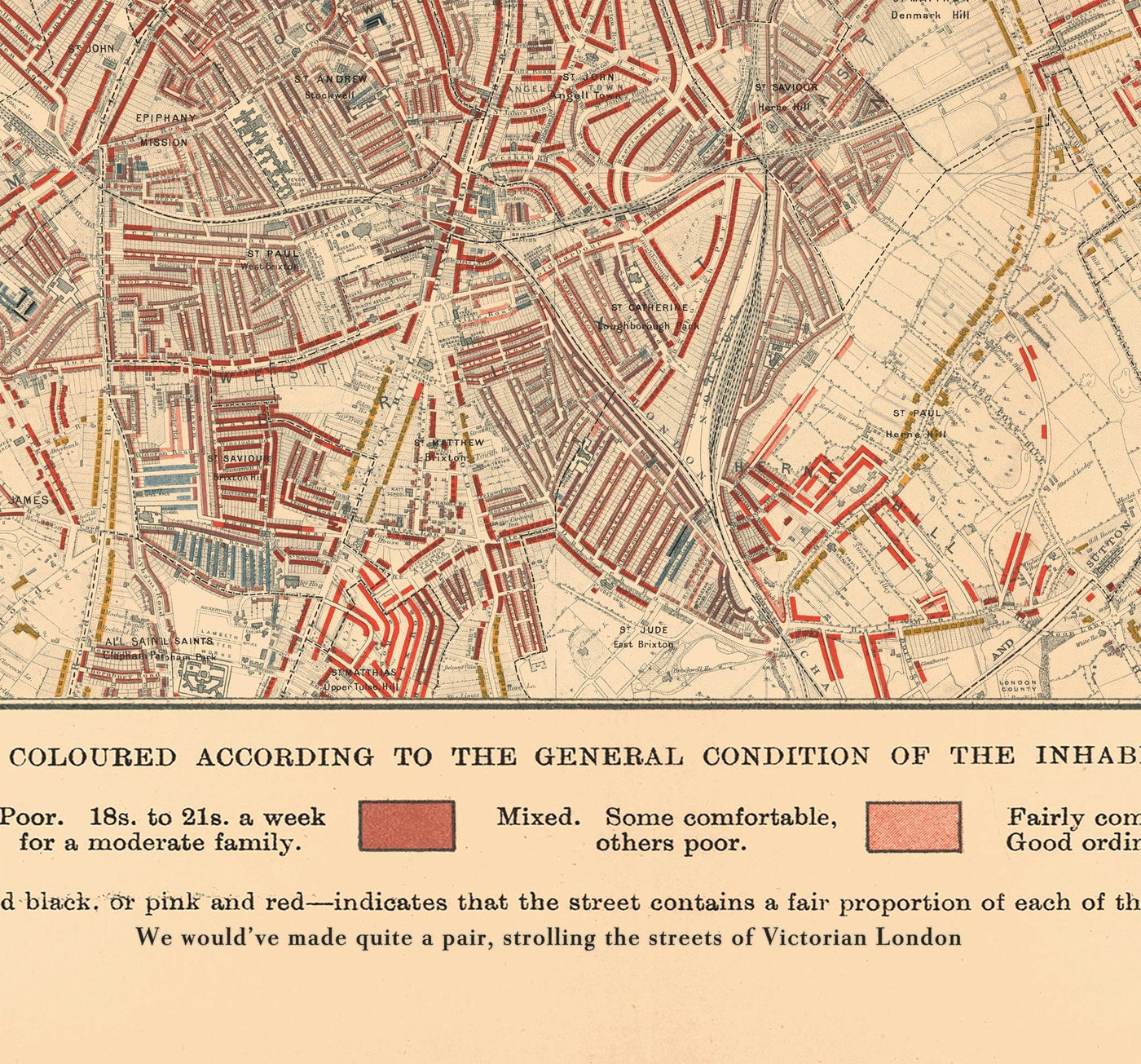 Carte de la pauvreté de Londres 1898-9, en dehors du district sud, par Charles Booth - Oval, Brixton, Herne Hill, Lambeth - SW8, SW9, SW2, SE5, SE24, SE22, SE15