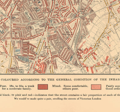 Carte ancienne personnalisée de la pauvreté de Londres par Charles Booth, 1898-9
