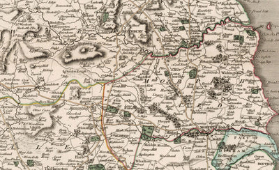 Antiguo mapa de Northumberland en 1801 por John Cary - Newcastle, Belford, Hexham, Haltwhistle, Durham