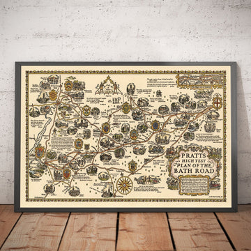 PRATTS Plan de Bath Road, 1930 por a.e. Taylor - Londres, Berkshire, Wiltshire, Gloucestershire, Somerset - Viejo Mapa del coche de la vendimia - Esso, aceite estándar