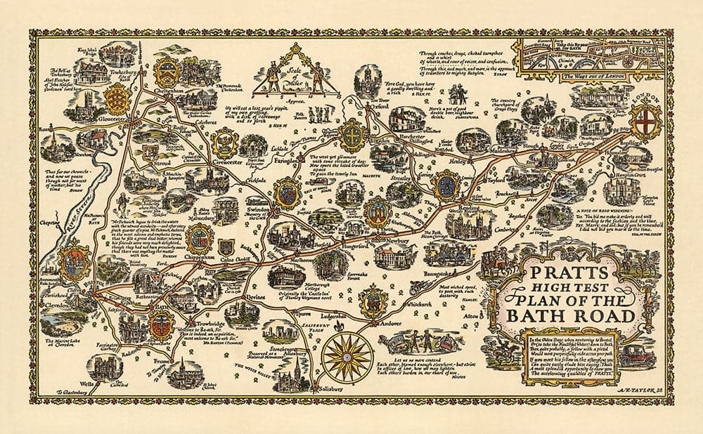 Pratts Plan der Badstraße, 1930 von A.E. Taylor - London, Berkshire, Wiltshire, Gloucestershire, Somerset - Alte Vintage Car Map - Esso, Standardöl