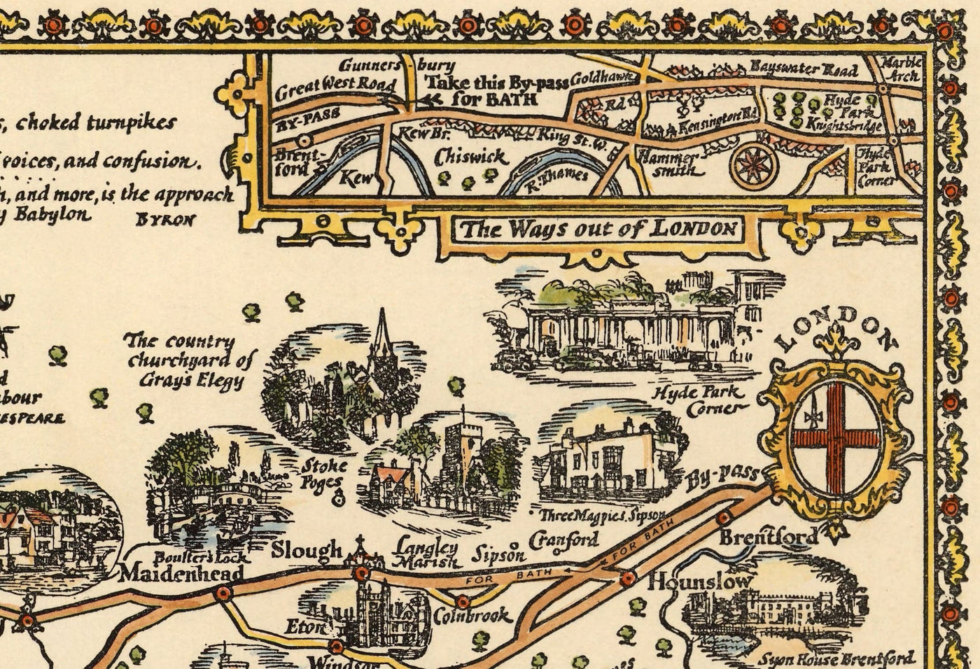 PRATTS Plan de Bath Road, 1930 por a.e. Taylor - Londres, Berkshire, Wiltshire, Gloucestershire, Somerset - Viejo Mapa del coche de la vendimia - Esso, aceite estándar