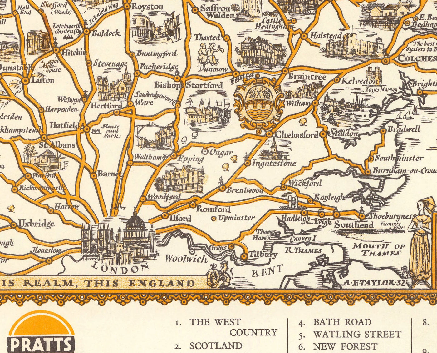 PRIATTS Plan d'essai élevé des Midlands 1932 - Essex, Oxford, Birmingham - Vieille Vintage Motoring Carte de la voiture - Esso, huile standard