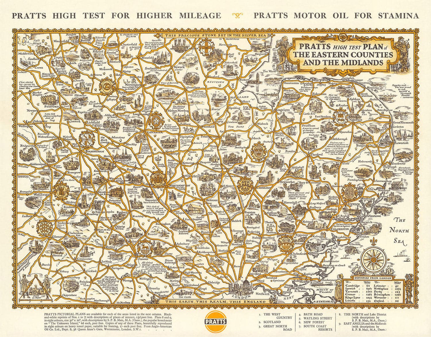 PRATTS Alto Plan de Pruebas de Midlands 1932 - Essex, Oxford, Birmingham - Mapa de automóviles de automóviles Vintage antiguo - Esso, aceite estándar