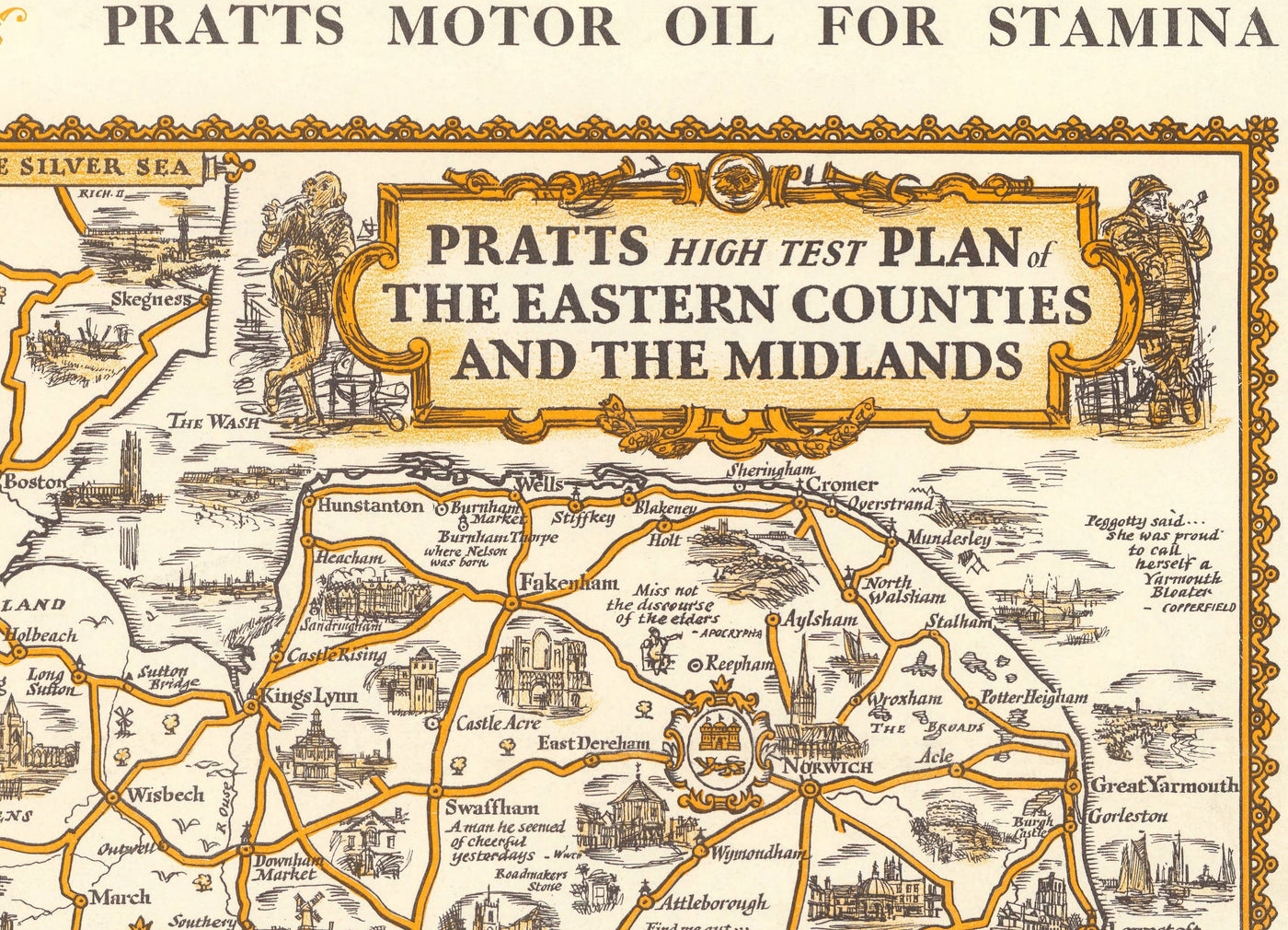 Pratts Hoher Testplan der Midlands 1932 - Essex, Oxford, Birmingham - Alte Vintage Motoring Car Map - Esso, Standardöl