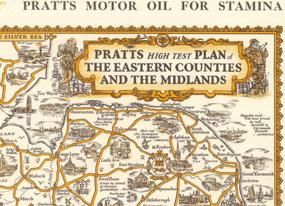 Pratts Hoher Testplan der Midlands 1932 - Essex, Oxford, Birmingham - Alte Vintage Motoring Car Map - Esso, Standardöl