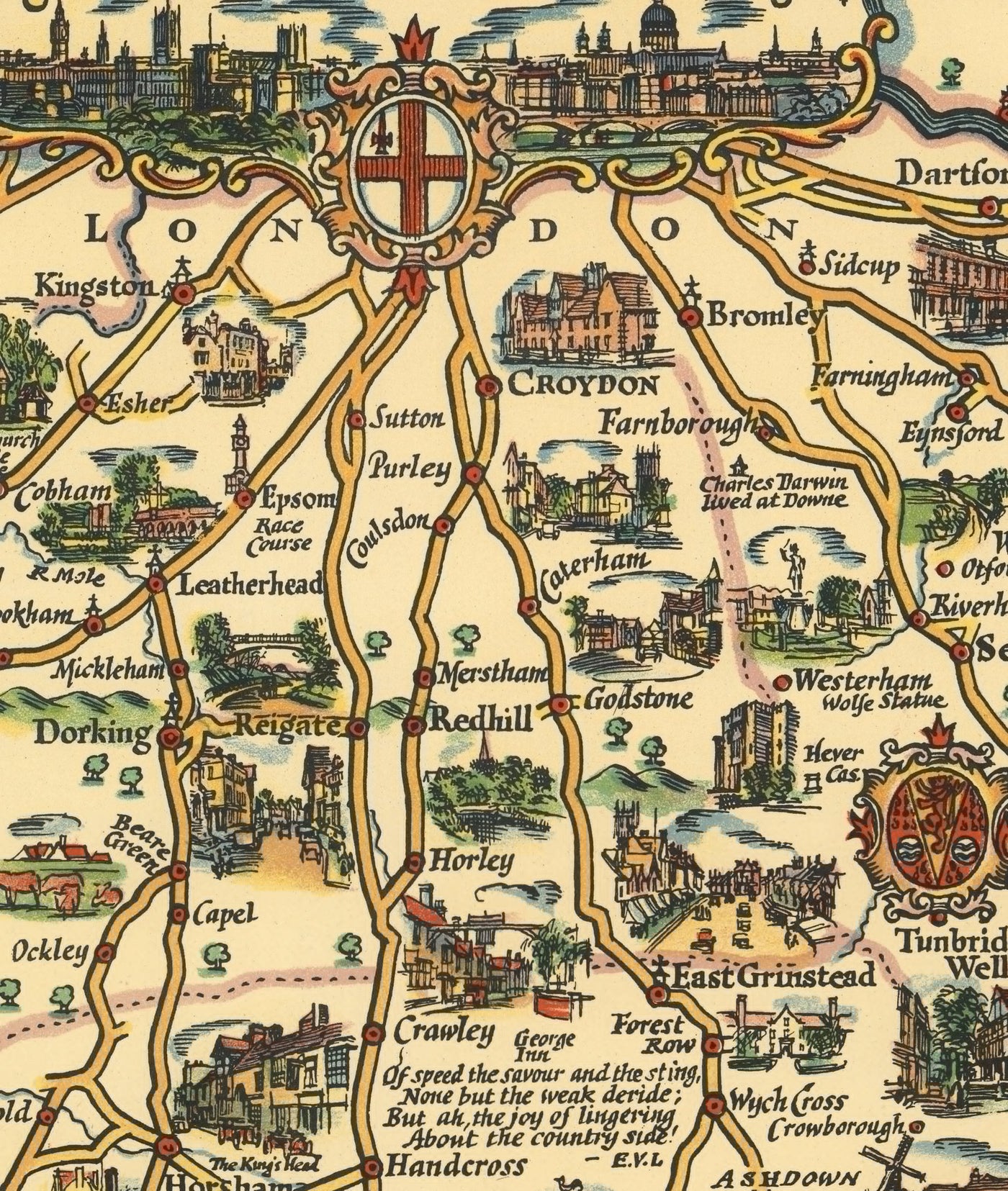 Esso Plan der Straßen an der Südküste 1931 - Kent, Sussex, Surrey, Hampshire - Alte Oldtimer-Karte - Pratts, Standard Oil