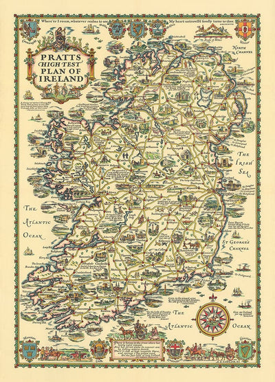 Pratts High Test Plan von Irland, Eire, 1933 - Dublin, Belfast, Ulster - Alte Vintage Motoring Car Map - Esso, Standardöl