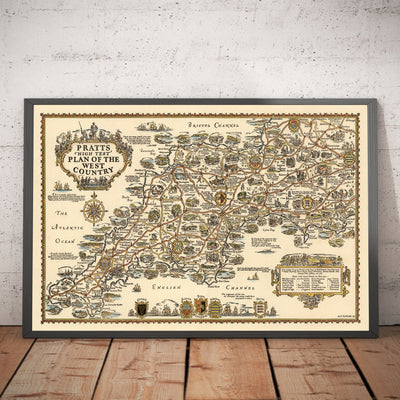 PRATTS Plan du pays occidental, 1932 par A.E. Taylor - Somerset, Dorset, Devon, Cornwall - Vieille carte de voiture Vintage - Esso, huile standard