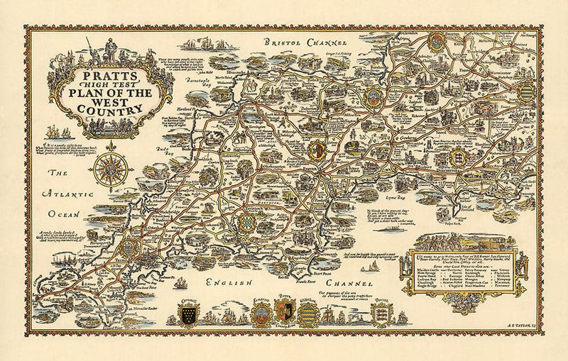 Pratts Plan of the West Country, 1932 by A.E. Taylor - Somerset, Dorse ...