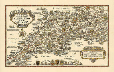 PRATTS Plan of the West Country, 1932 por a.e. Taylor - Somerset, Dorset, Devon, Cornwall - Mapa del coche antiguo de la vendimia - Esso, aceite estándar