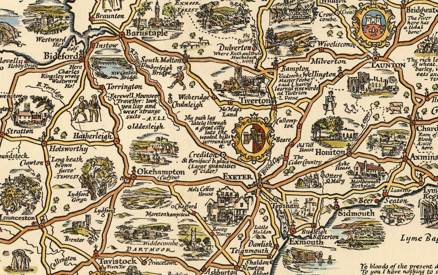 Pratts Plan des Westlandes, 1932 von A.E. Taylor - Somerset, Dorset, Devon, Cornwall - alte Oldtimer-Karte - Esso, Standardöl