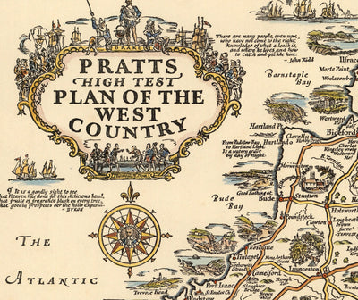 Pratts Plan des Westlandes, 1932 von A.E. Taylor - Somerset, Dorset, Devon, Cornwall - alte Oldtimer-Karte - Esso, Standardöl