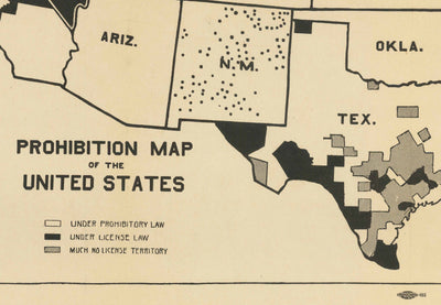 Antiguo mapa de la preprohibición del alcohol en los EE.UU., 1915 - Leyes estatales de prohibición y concesión de licencias antes de la 18ª enmienda