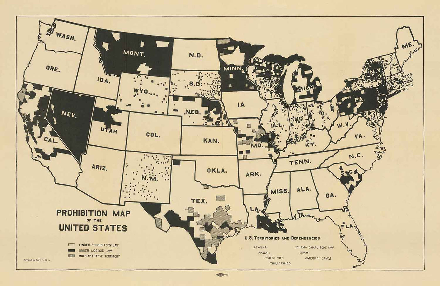 Alte Karte von Alkohol vor der Prohibition in den USA, 1915 - Staatliche Prohibitions- und Lizenzierungsgesetze vor dem 18.