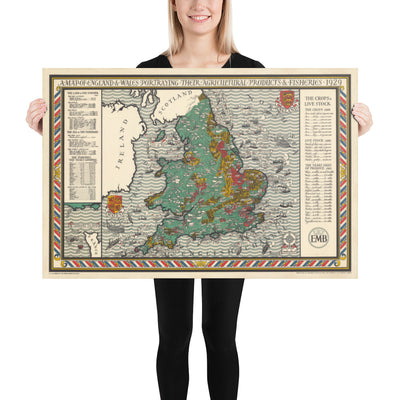 Ancienne carte de l'agriculture et de la pêche en Angleterre et au Pays de Galles par Macdonald Gill - Volaille, produits laitiers, cultures, produits, fermes