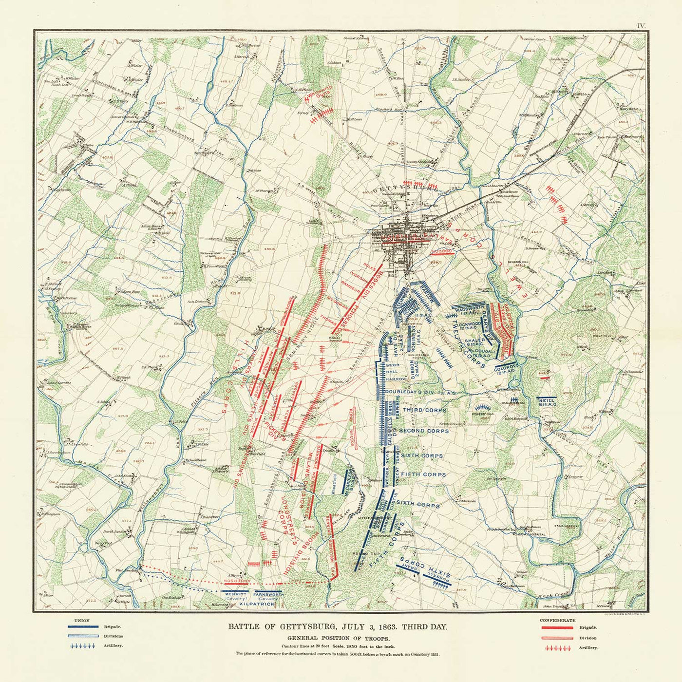 Mapa antiguo de la batalla de Gettysburg en 1900 por Julius Bien - Norte vs. Sur, Confederación vs. Unión Gráfico de la Guerra Civil