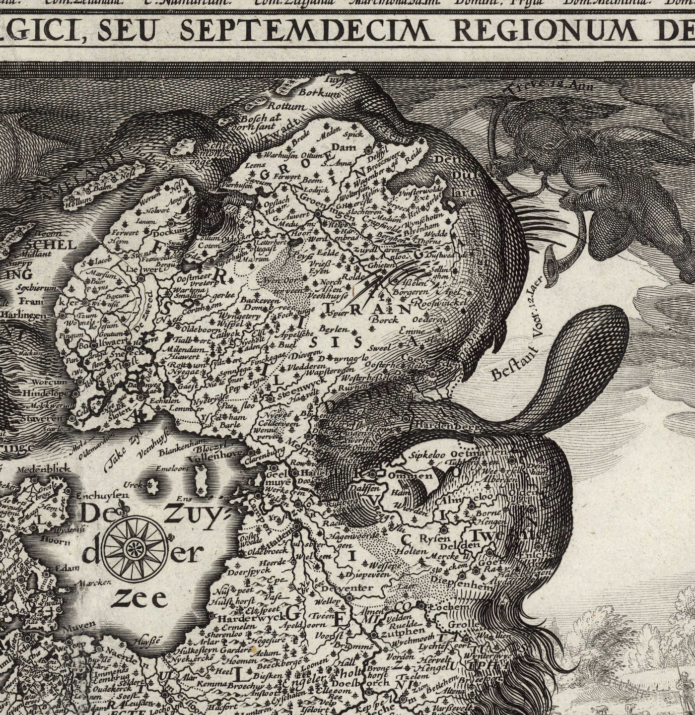 Old Leo Belgicus Map of the Low Countires in 1611 by C. Janszoon Visscher - Netherlands, Belgium, Brussels, Amsterdam, Genk