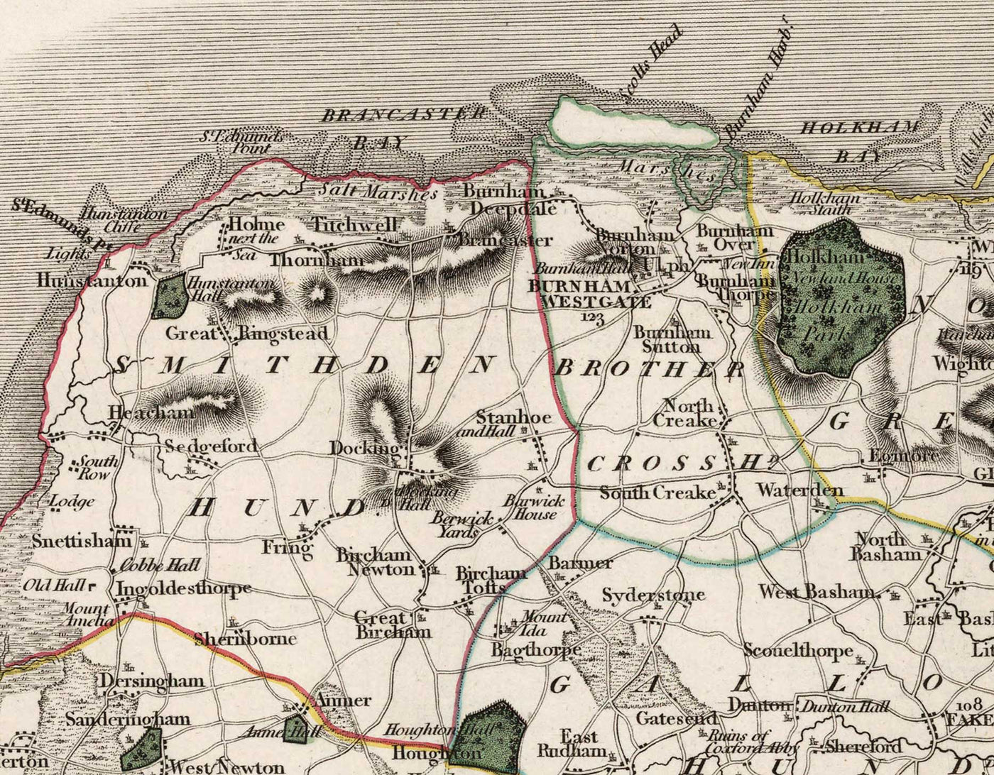 Antiguo mapa de Norfolk en 1807 por John Cary - Norwich, Cromer, Great Yarmouth, Thetford, King's Lynn