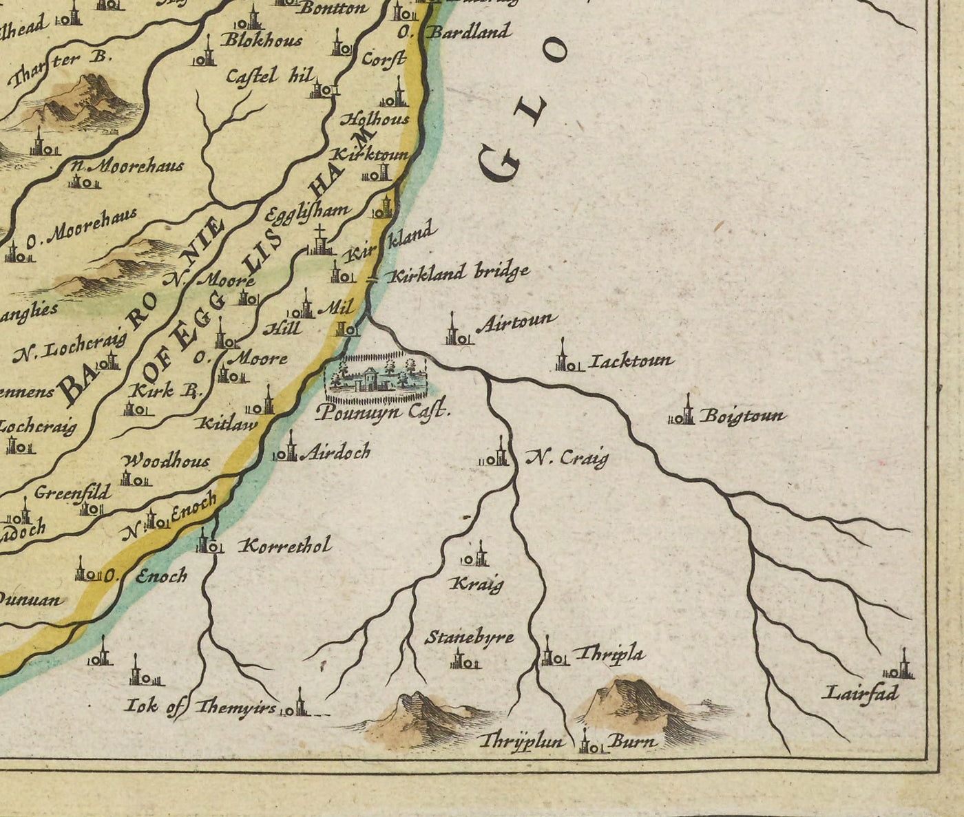 Antiguo mapa de Renfrewshire en 1665 por Joan Blaeu - Glasgow, Renfrew, Paisley, Inchinnan, Bishopton, Río Clyde