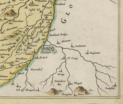Ancienne carte du Renfrewshire en 1665 par Joan Blaeu - Glasgow, Renfrew, Paisley, Inchinnan, Bishopton, River Clyde