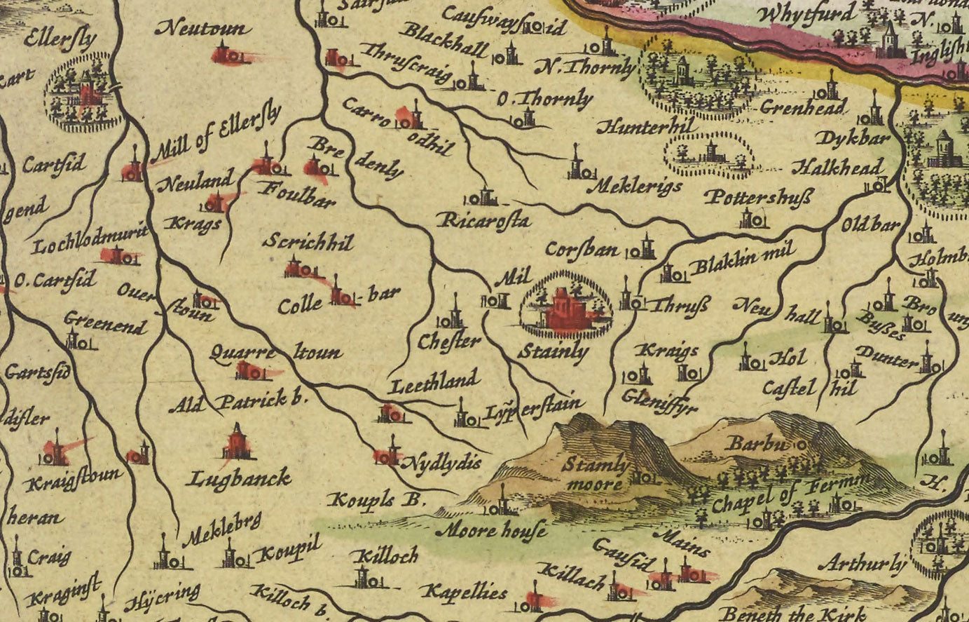 Ancienne carte du Renfrewshire en 1665 par Joan Blaeu - Glasgow, Renfrew, Paisley, Inchinnan, Bishopton, River Clyde
